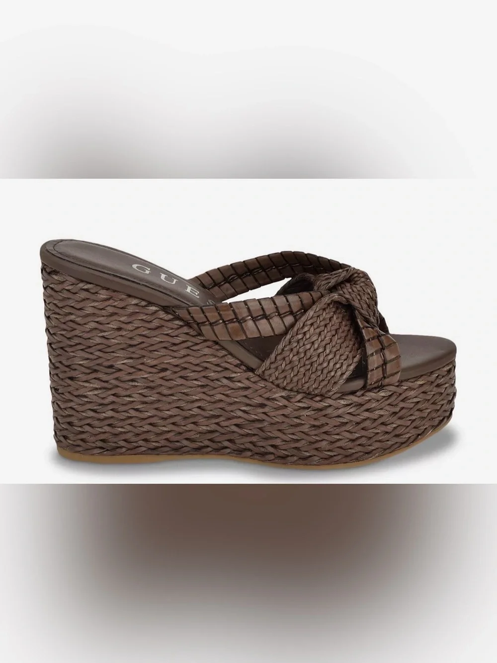New in Box GUESS Brown Evah Woven Platform Wedge Sandals, size 9.